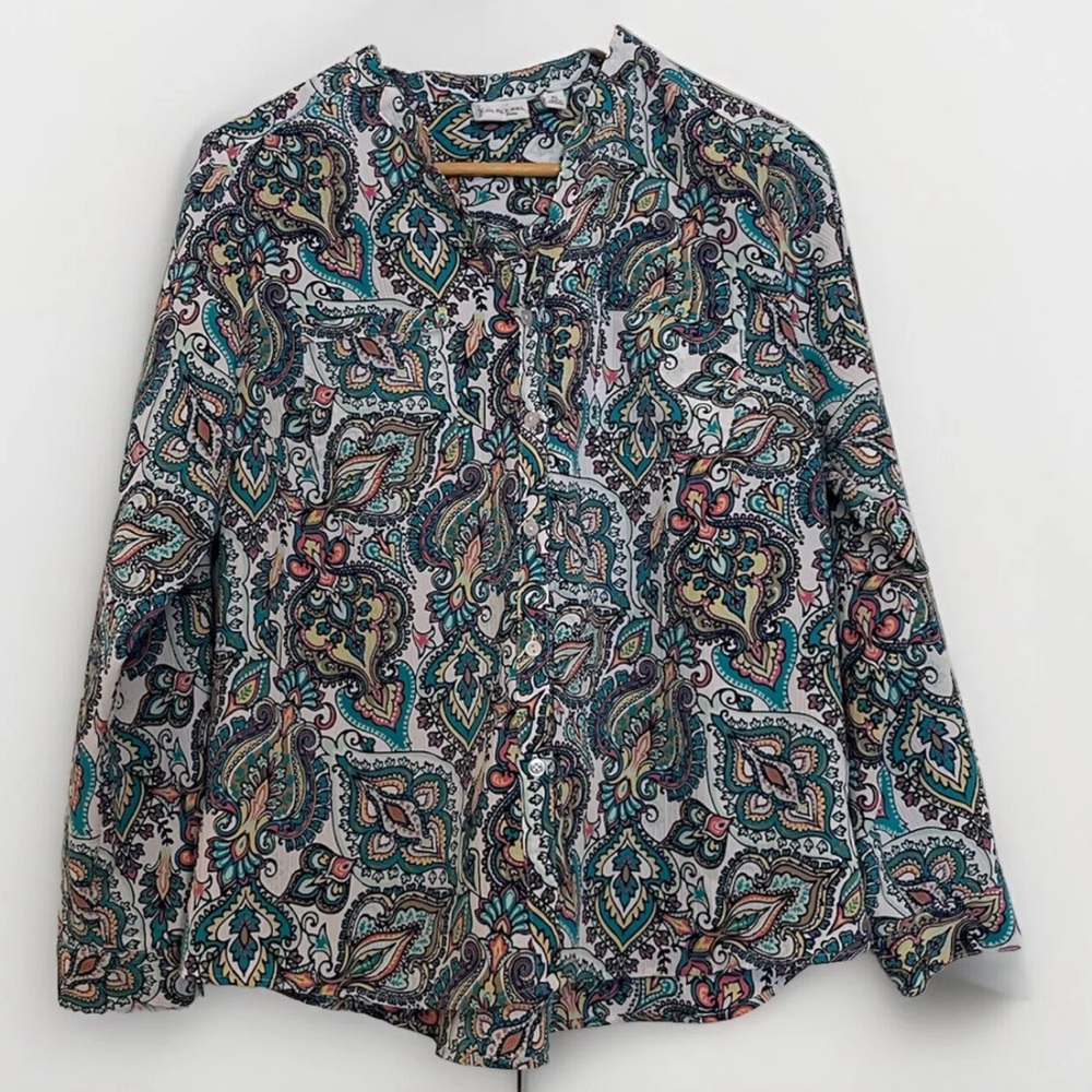KIM ROGERS Vintage Womens Blue Paisley Petite L Button-up Y-Neck Cottagecore Y2K